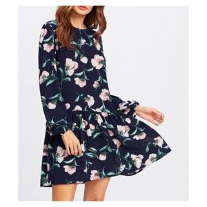 Dark Blue Floral Long Sleeve Shift Dress